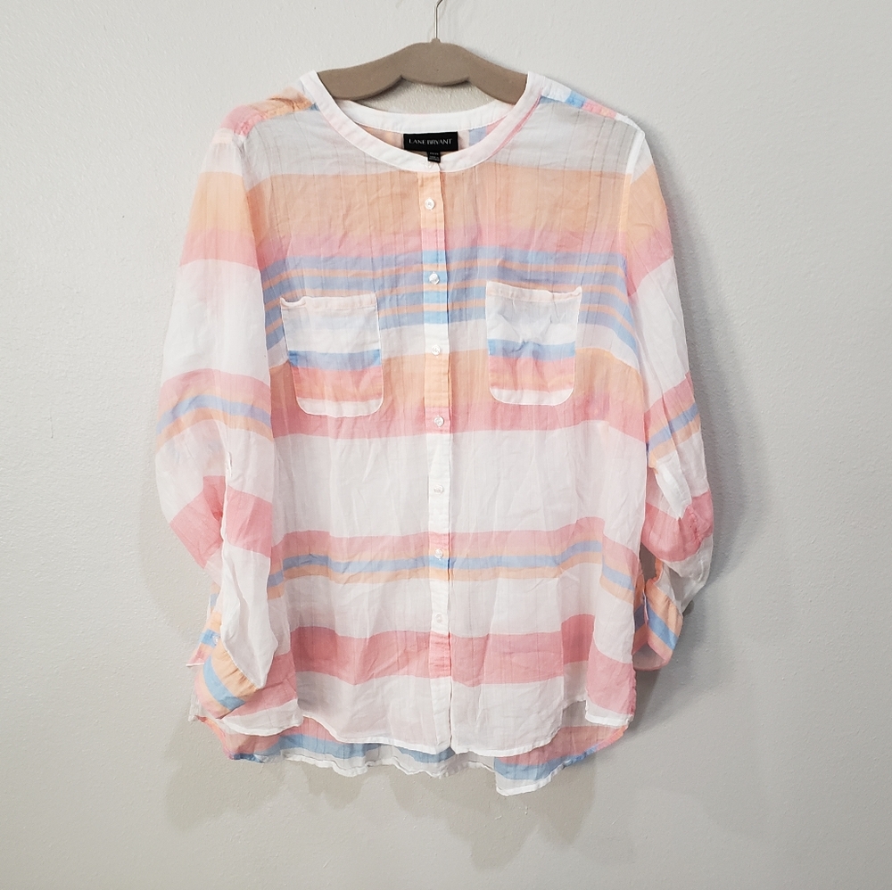 Lane Bryant 100% Cotton Long Sleeve Sheer Button Down Shirt, Size 22/24